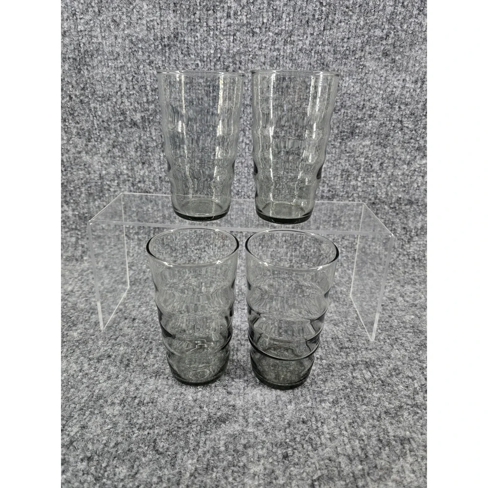 Vtg Set of 4 Smoke Gray Glass Tumbler 5 in Rippled Beehive Wavy Juice Sized